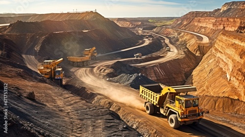 Open pit mine industry, big yellow mining truck for coal quarry photo