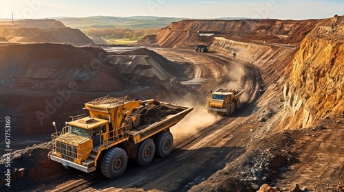 Open pit mine industry, big yellow mining truck for coal quarry