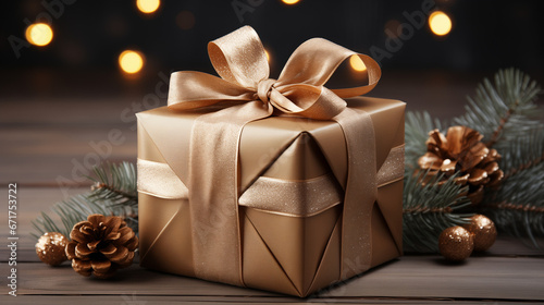 Weihnachtsgeschenk, Gold, Schleife, Tannenzweige, auf dem Holztisch © Alex