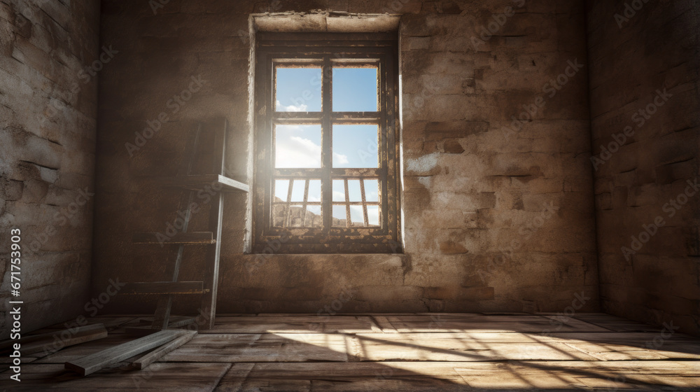 An old, abandoned building with a broken window