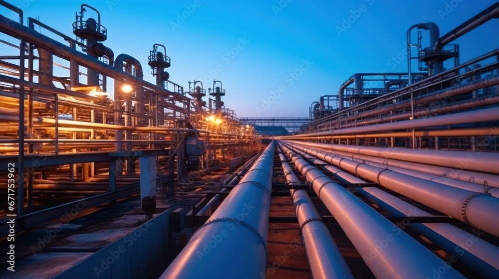 Obraz premium Steel Pipeline of Oil and gas plant with pipe rack. Refinery plant. industrial and factory