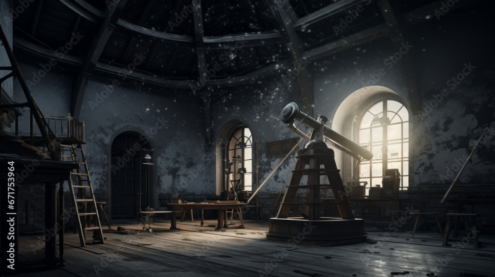 An old, abandoned observatory with a broken telescope and faded stars on the ceiling - obrazy, fototapety, plakaty 