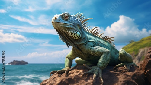 An iguana sunbathing imperiously on a rocky outcrop by the ocean. © Ai Studio