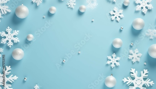 Top view christmas or winter composition. Pattern made of white balls and snowflakes on pastel blue isolated background. Christmas  winter  new year concept and flat lay with copy space 
