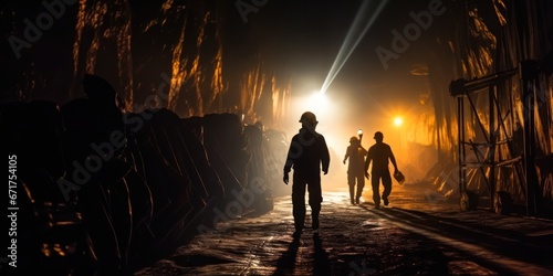 Mining working. Silhouette of Miners entering underground coal mine night lighting