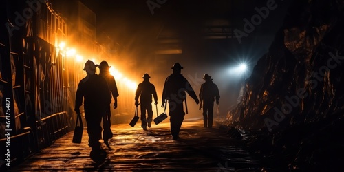 Mining working. Silhouette of Miners entering underground coal mine night lighting