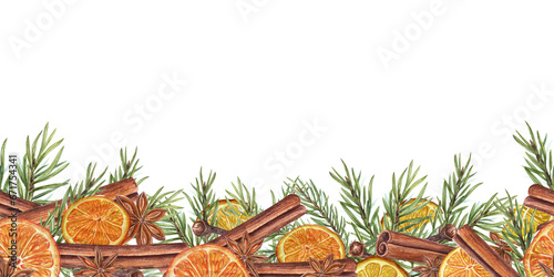 Winter seamless border of cinnamons sticks, star anise, dry orange slices, cloves and spruce branch. Citrus, evergreen, spice, badian. Watercolor illustration for the design of cards, package