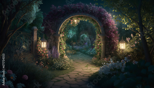 Archway in an enchanted fairy garden landscape. Generative AI © lali