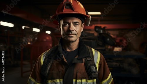 Portrait of Firefighter in uniform and helmet near fire engine in fire department. © Bold24