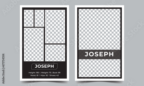 This is a modeling comp card. Its size is 5.5/8.5. It is a modern, sleek, and elegant design
