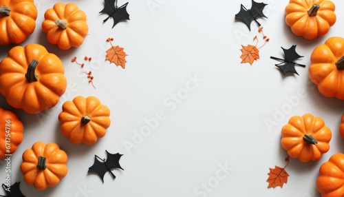 Top view halloween decorations on pastel gray isolate background. Halloween concept and flat lay with copy space