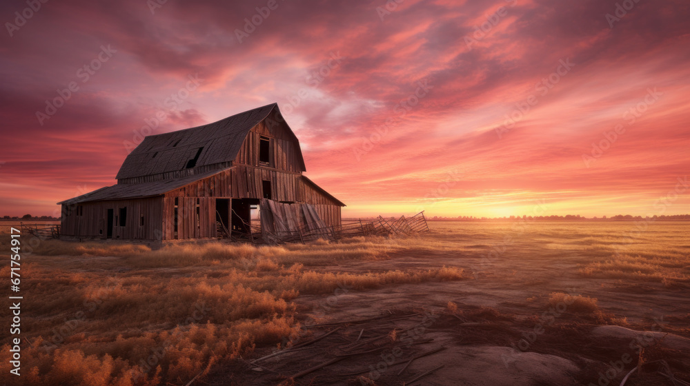 An old abandoned barn stands against a vibrant orange sunset, the sun setting and casting a beautiful pink hue
