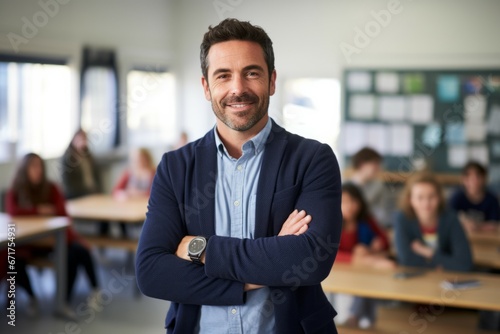 Handsome teacher smiling at camera at back of classroom at the elementary school photo
