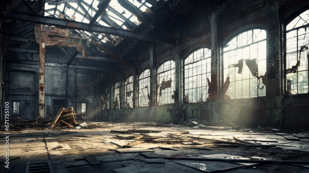 An old abandoned factory lies dormant in the fading sunlight Its broken-down walls and crumbling chimneys cast a long shadow across the surrounding landscape