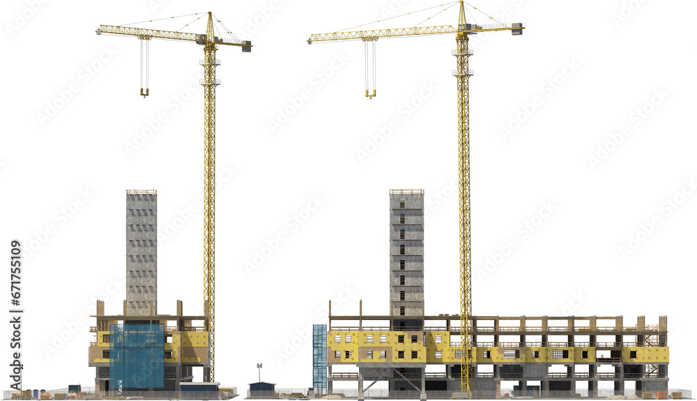 construction site building with crane front and side arch viz isolated 3d render