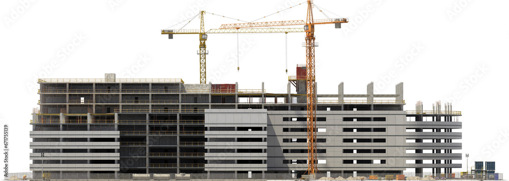 construction site building with crane front and side arch viz isolated 3d render