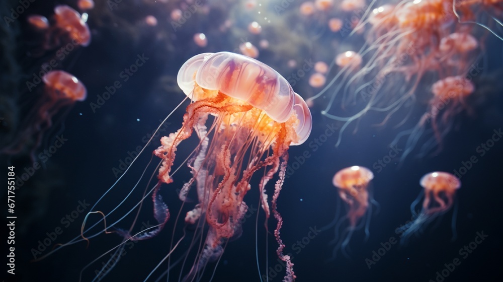 A jellyfish floating ethereally in clear ocean waters, surrounded by tiny fish.