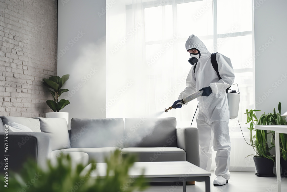 Faceless pest control worker in a protective suit sprays insect poison in a living room - obrazy, fototapety, plakaty 