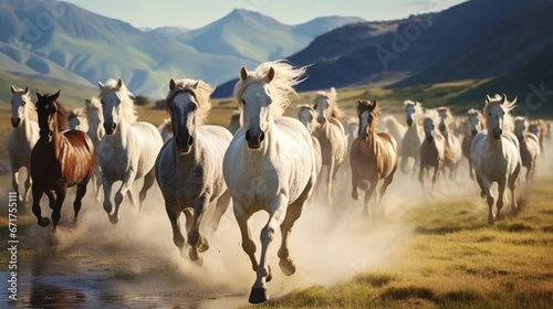 A herd of wild horses galloping freely across an open meadow, manes flowing.