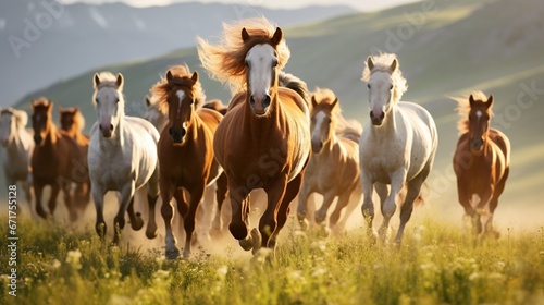 A herd of wild horses galloping freely across an open meadow, manes flowing. photo