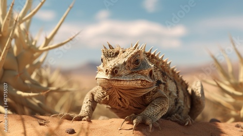 A horned lizard in an arid landscape  blending in perfectly with its surroundings.