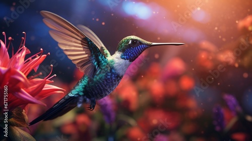 A hummingbird suspended in mid-air, sipping nectar from a vibrant flower.