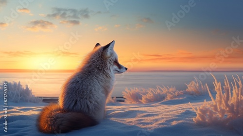 A lone fox staring intently at the horizon during a frosty winter dawn.