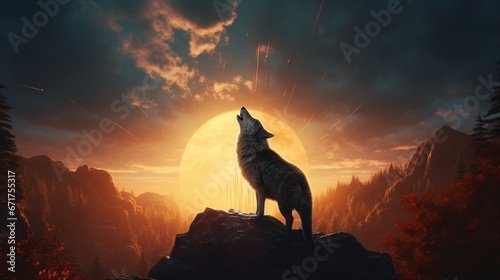 A lone wolf howling under a radiant full moon.