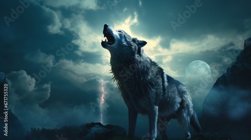 A lone wolf howling under a radiant full moon.
