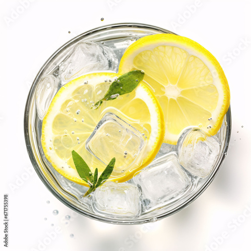 Gin tonic cocktail with lime slices, top view on white background