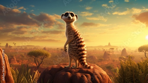 A meerkat sentinel vigilantly standing on a mound, surveying the landscape.