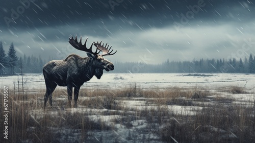 A moose foraging in a snow-covered field during a bleak winter day.