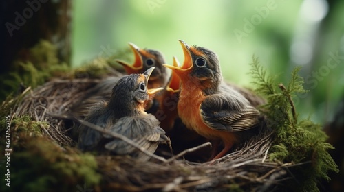 A nest of chirping baby robins, mouths wide open for food. © Ai Studio