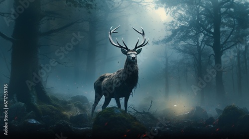 A noble stag standing amidst a foggy woodland  steam emitting from its nostrils.