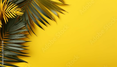 Top view tropical palm leaves on yellow isolated background. Summer concept photo with copy space