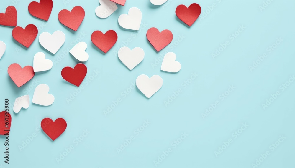 Top view Valentine's Day concept background. White and red paper hearts on pastel blue background. Valentines day concept photo with copy space