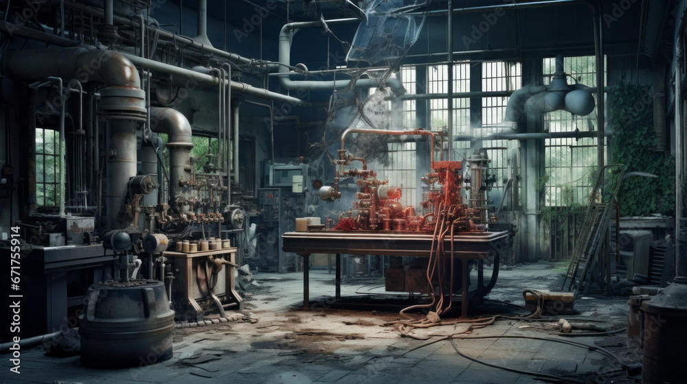 An old, abandoned laboratory filled with strange contraptions