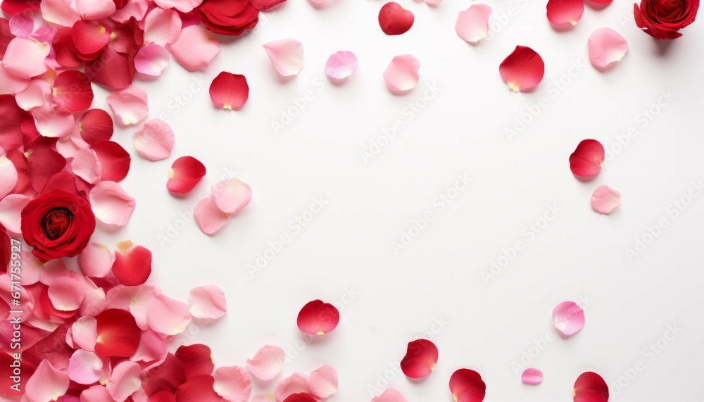 Top view Valentine's Day concept. Flowers composition and round frame made of rose flowers and confetti on white background with copy space.
