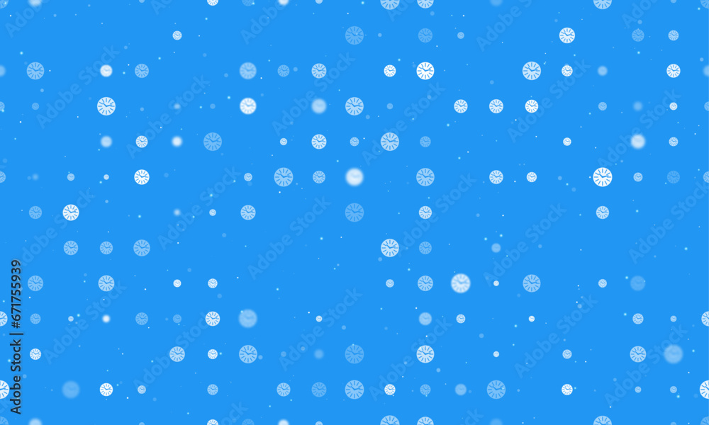 Seamless background pattern of evenly spaced white clock symbols of different sizes and opacity. Vector illustration on blue background with stars