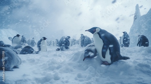 A penguin colony huddled together for warmth during a harsh Antarctic storm.