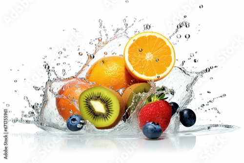 A fruit splashes into a white background with oranges  kiwis  and water splashing around it. The side of the image has a white backdrop. Generative AI