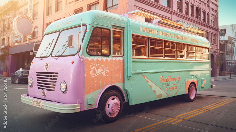 Bus Food Truck in town Illustrative AI Illustration