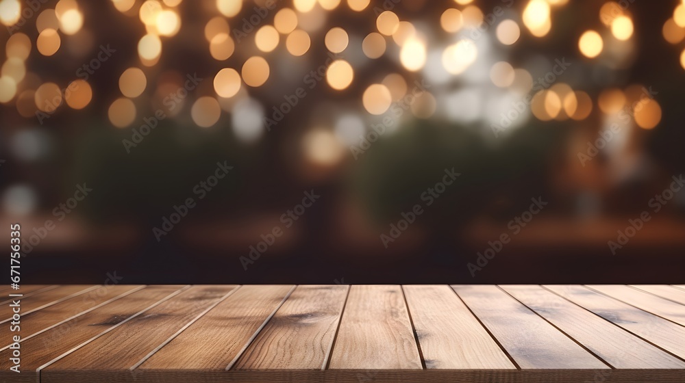 Rustic Table with Bokeh Lights Background
