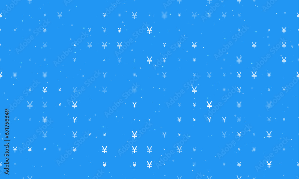 Seamless background pattern of evenly spaced white yuan symbols of different sizes and opacity. Vector illustration on blue background with stars