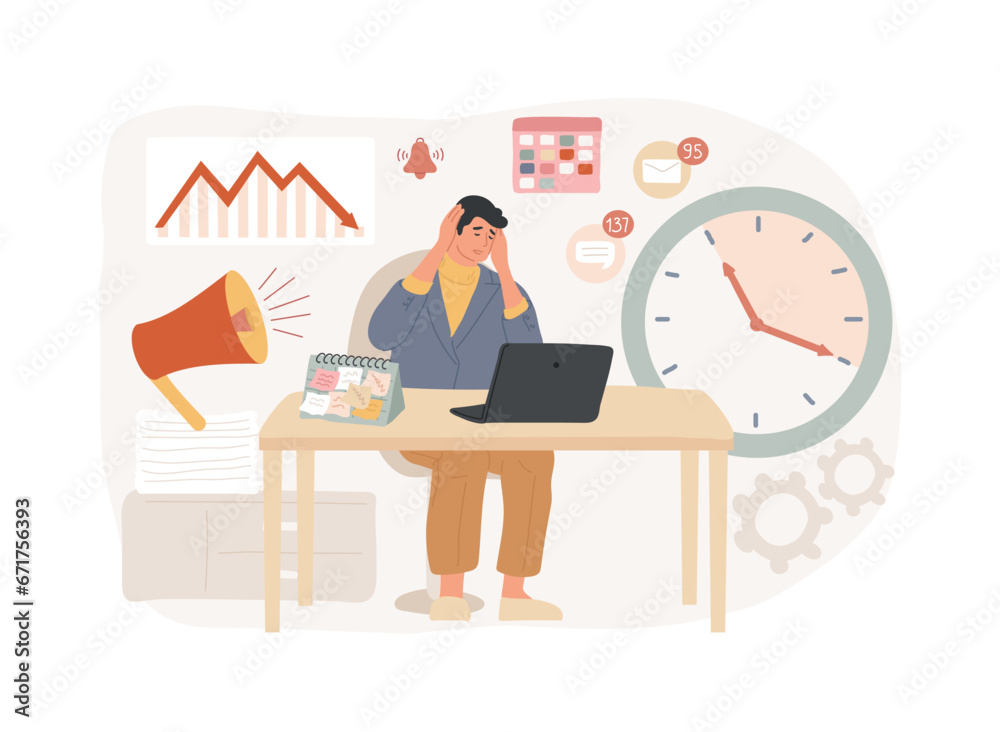 Work pressure isolated concept vector illustration. Stress management, work overload, chronic anxiety, physical health, emotional tension, deadline pressure, employee wellbeing vector concept. Work pressure isolated concept vector illustration. Stress management, work overload, chronic anxiety, physical health, emotional tension, deadline pressure, employee wellbeing vector concept.