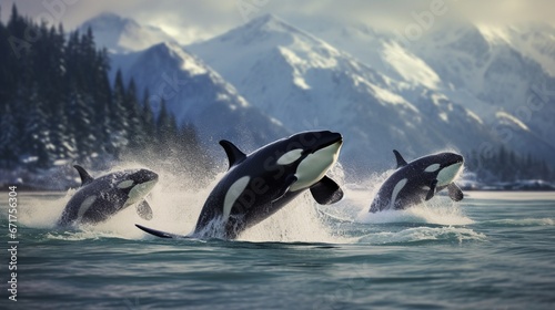 A pod of orcas breaching simultaneously in cold, northern waters. © Ai Studio