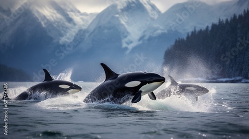 A pod of orcas breaching simultaneously in cold, northern waters.