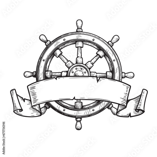 Wooden steering wheel with ribbon. Hand drawn ship helm sketch. Sea adventure, cruise and pirate drawing. Vector illustration
