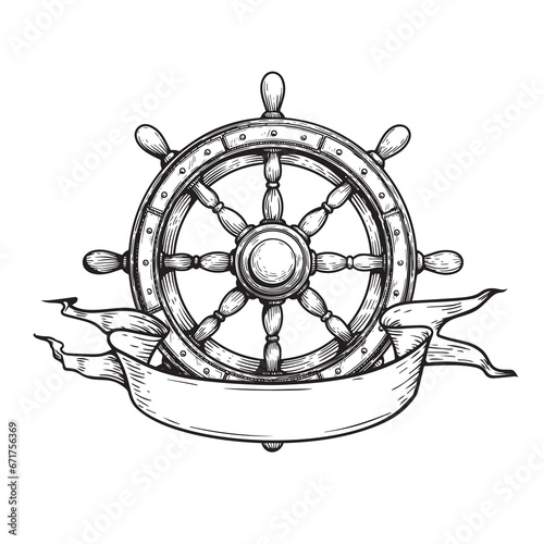 Wooden steering wheel with ribbon. Hand drawn ship helm sketch. Sea adventure, cruise and pirate drawing. Vector illustration