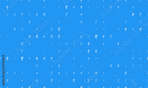 Seamless background pattern of evenly spaced white indian rupee symbols of different sizes and opacity. Vector illustration on blue background with stars
